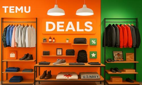 A collage of product categories available on the Temu shopping app