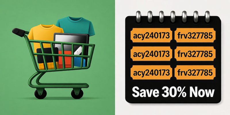 Temu promo codes 2025 featuring a shopping cart with products and coupon book with codes for existing users offering 30% off
