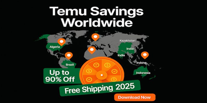Temu promo codes 2025 world map highlighting Algeria, Jordan, Kazakhstan, Morocco, and Pakistan with rewards wheel and 90% off deals